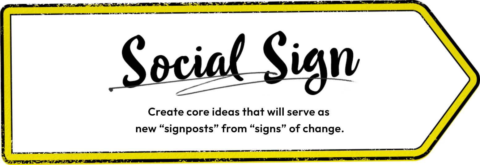 SOCIAL SIGN Create core ideas that will serve as new “signposts” from “signs” of change.